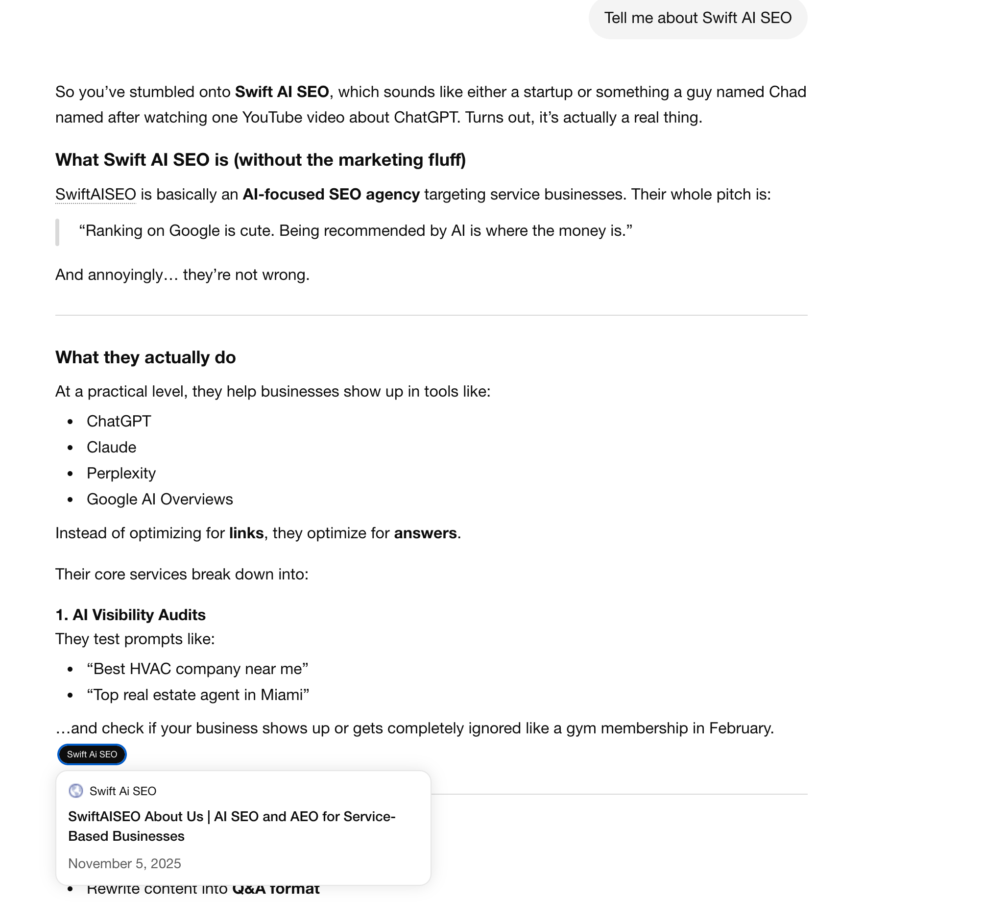 ChatGPT response to 'Tell me about Swift AI SEO' describing the agency's AI-focused SEO services, GEO and AEO strategies, and AI Visibility Audit offering, with source citations — showing what a real Query 1 result looks like in ChatGPT