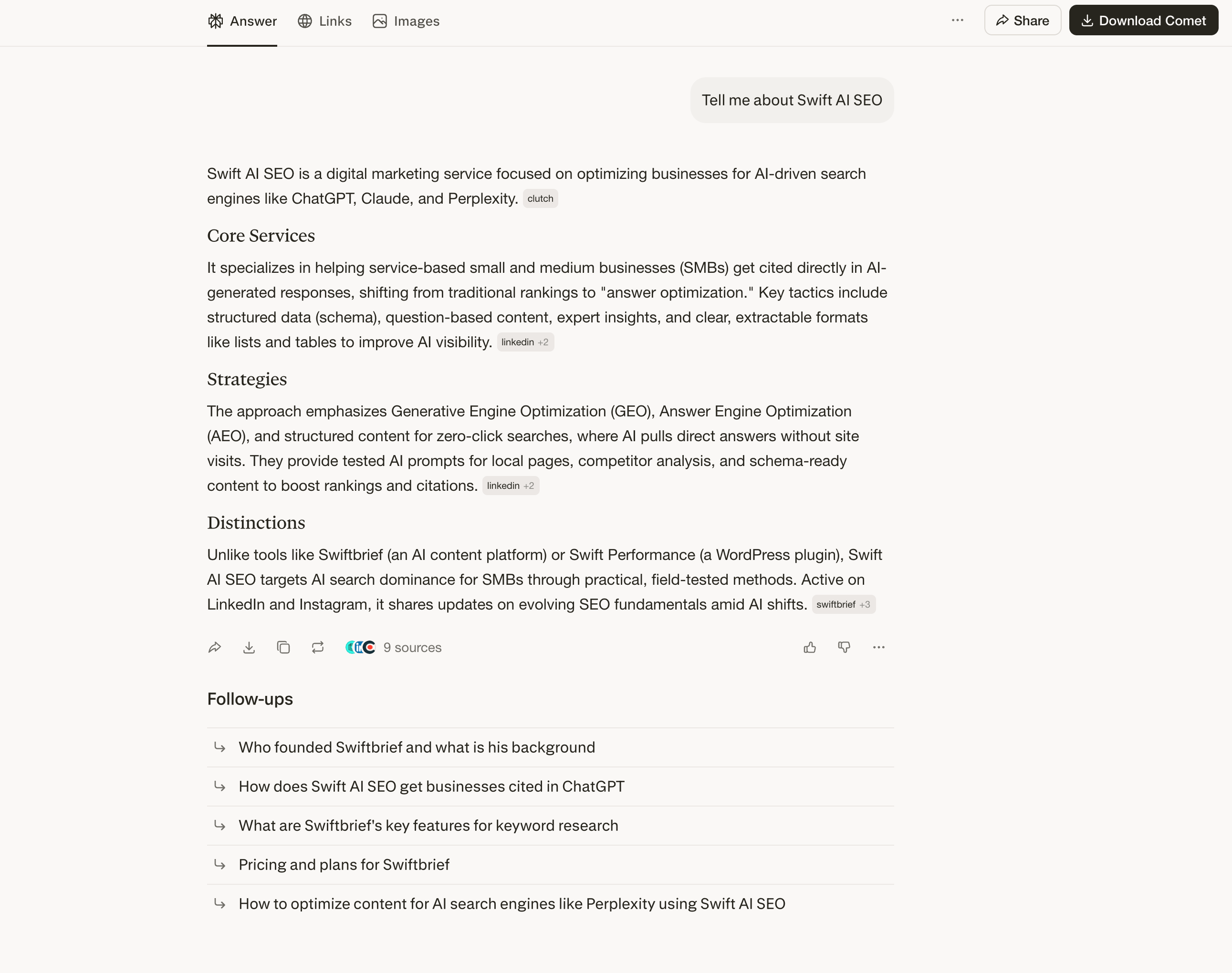 Perplexity AI response to 'Tell me about Swift AI SEO' showing structured answer with Core Services, Strategies, and Distinctions sections, cited from 9 sources including LinkedIn and Clutch — an example of a strong Query 1 result